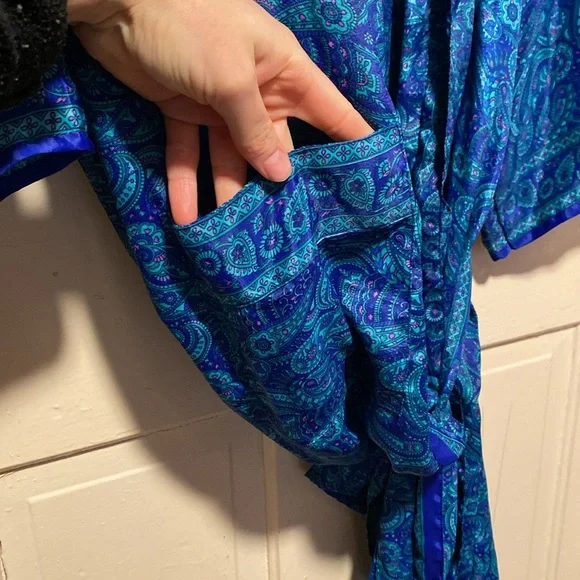 Silk Robe Paisley Turquoise Indigo Flowers With Belt - Picture 4 of 8